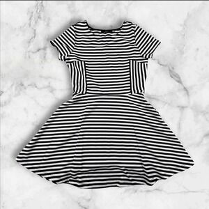 Flare Dress Striped Short Sleeve Womens Small Black Ribbed Minimalist Chic Goth